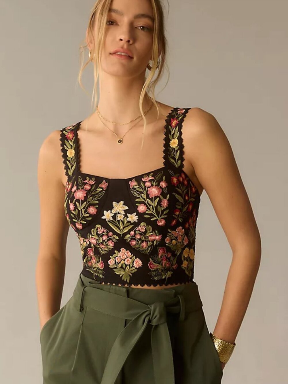 Anthropologie Ranna Gill Black Embroidered Fitted Bustier Corset Crop Top Size S